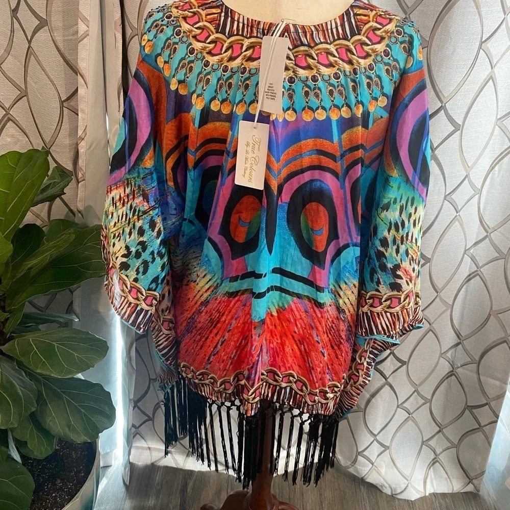 NWT True Colours by La Moda Fringe Peacock Caftan Top- One Size - Picture 4 of 10